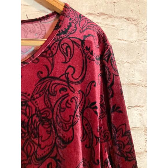 Catherines Velvet Top Womens 2X Cranberry Red Paisley Plus Stretch Pullover - Picture 6 of 13
